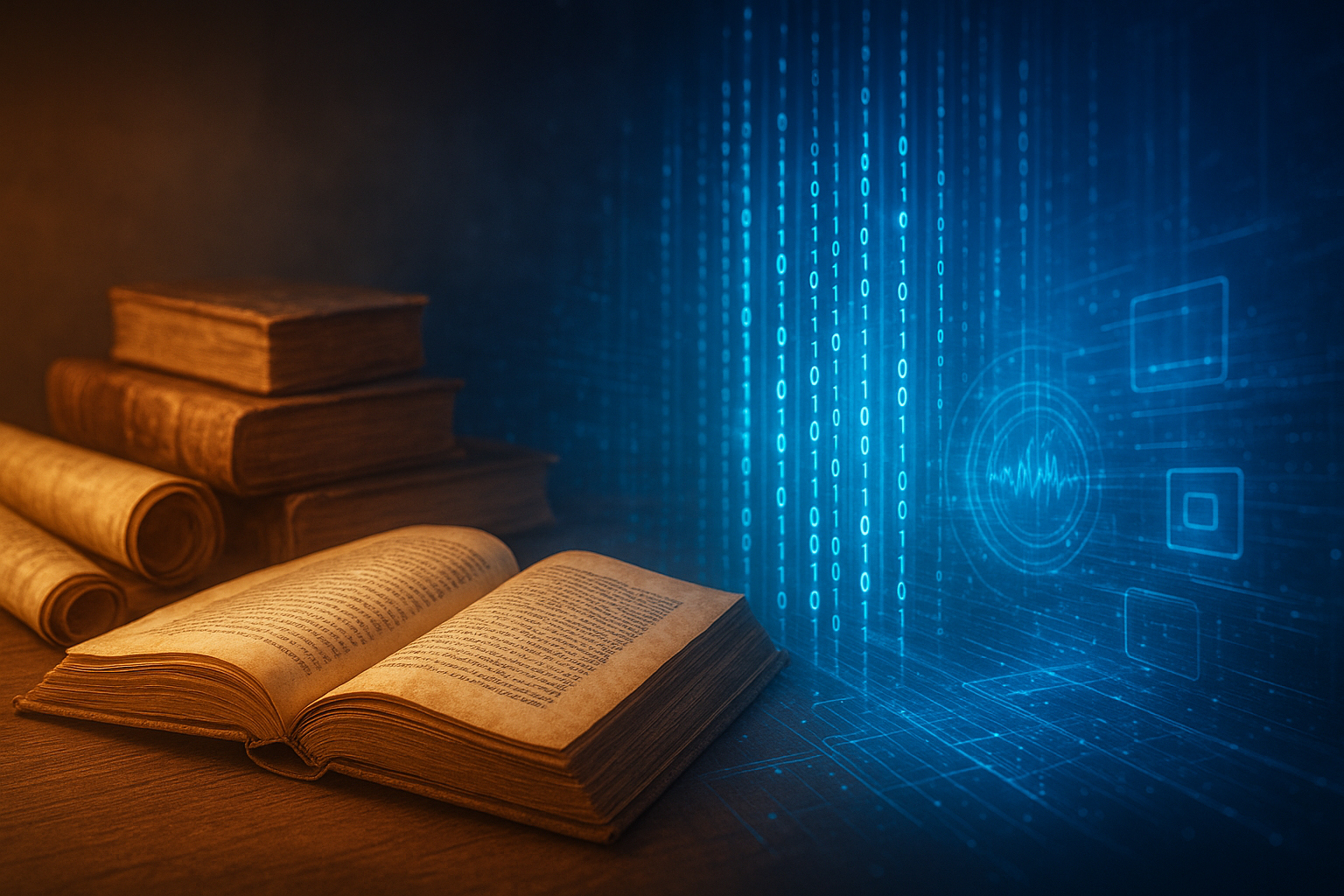 Ancient library with scrolls and books